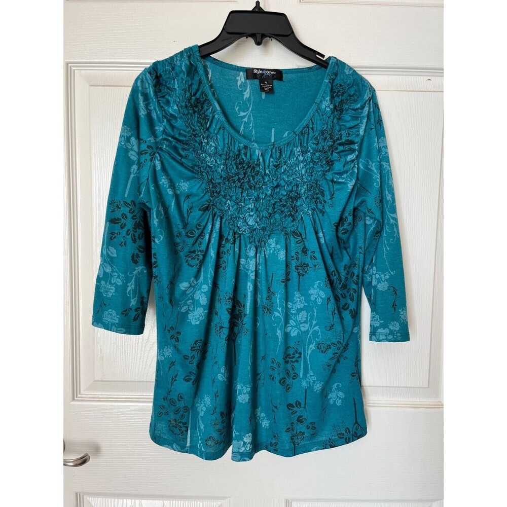 STYLE & CO. - Teal & Black Floral Poly/Rayon Knit 3/4 Sleeve Top size PL